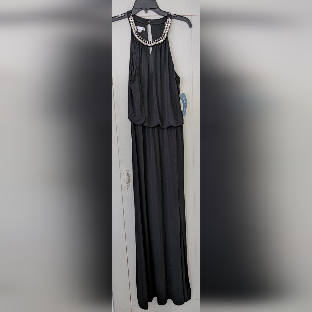 London Times Woman's Long Black Dress With Slit Size 10 New With Tags